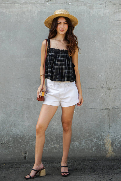 Plaid Lace Trim Side-Tie Crop Top