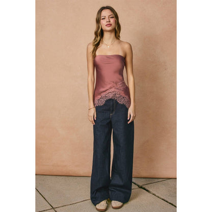 Satin Asymmetrical Lace Hem Sleeveless Top
