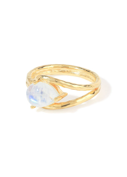 Gold Plated Moonstone Hammered Split-Shank Artisan Ring