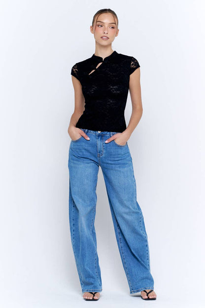 Lace Mandarin Collar Frog Closure Cap Sleeve Crop Top
