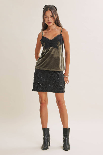 EVENING WHISPER ELEVATED EYELASH LACE VELVET CAMI