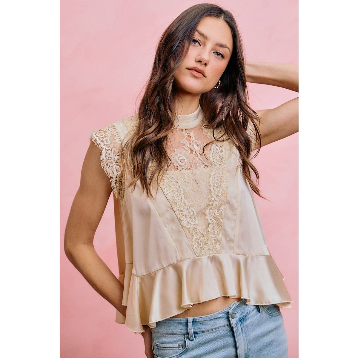 SATIN MOCK NECK LACE TRIM PEPLUM BLOUSE TOP