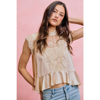 SATIN MOCK NECK LACE TRIM PEPLUM BLOUSE TOP