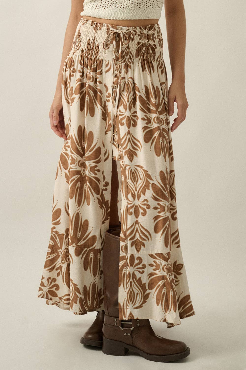 Ornate Floral-Print Button-Front Drawstring Maxi Skirt