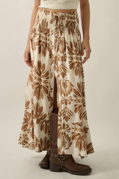 Ornate Floral-Print Button-Front Drawstring Maxi Skirt