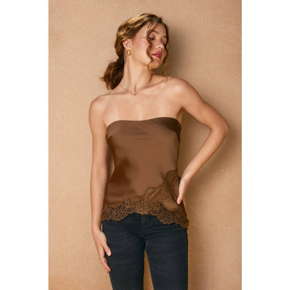 Satin Asymmetrical Lace Hem Sleeveless Top