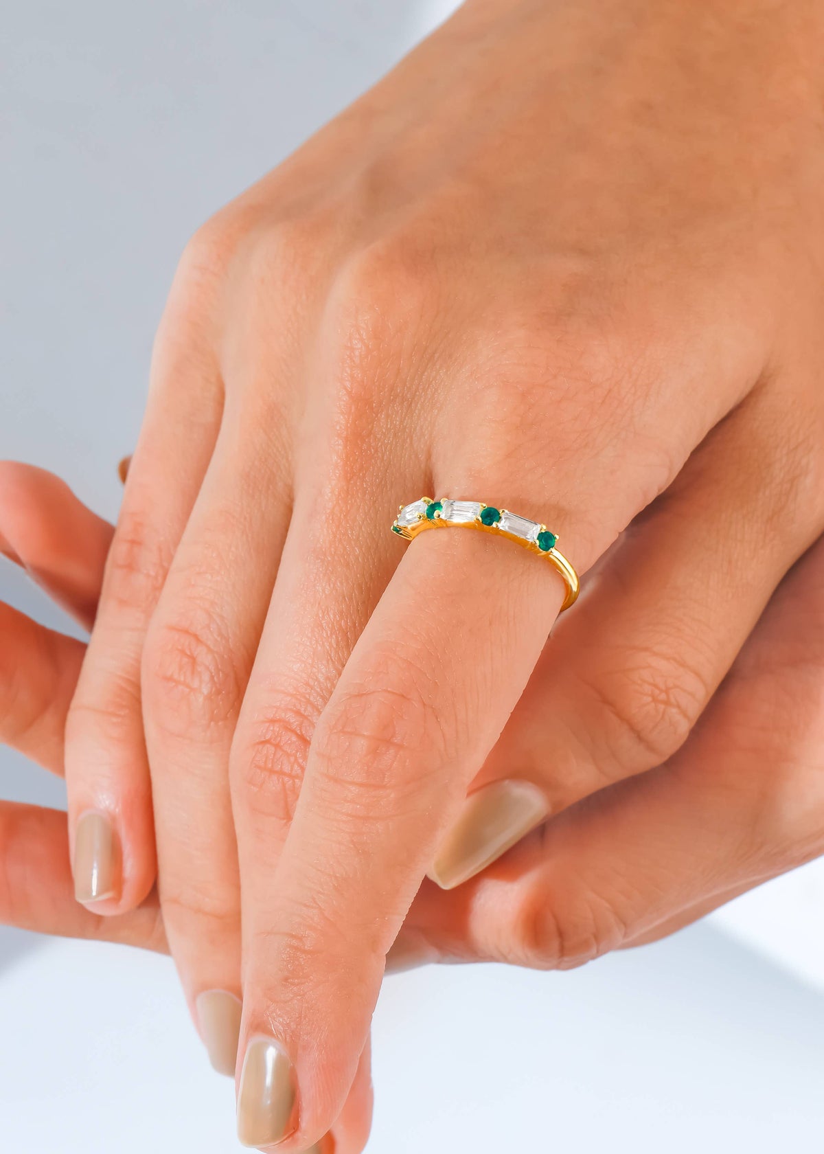 Gold Plated 925 Silver Green Onyx & White Topaz Band Ring