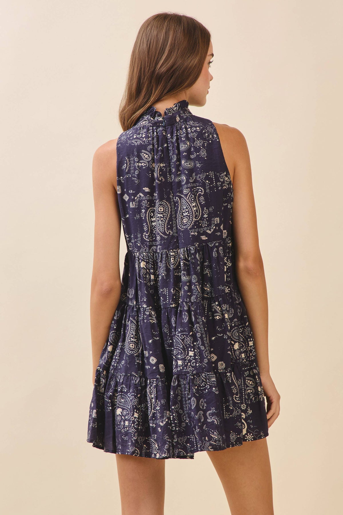 Paisley Print Ruffled Mock Neck Mini Dress