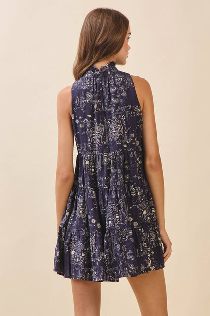 Paisley Print Ruffled Mock Neck Mini Dress