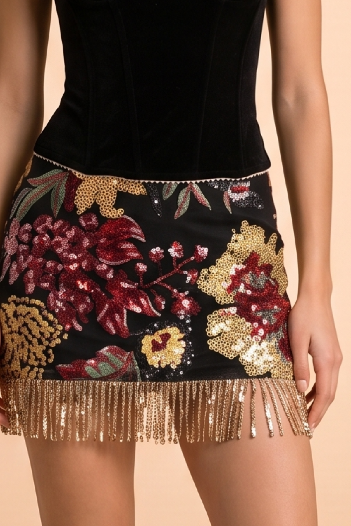 FLORAL SEQUIN FRINGE MINI SKIRT