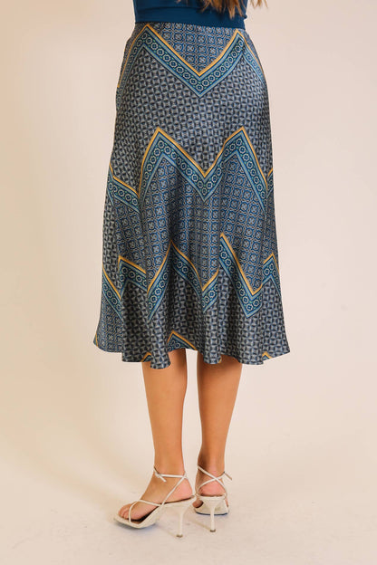 Geo Print Satin Midi Skirt