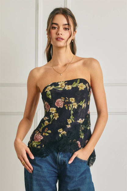 Floral Asymmetrical Lace Hem Tube Top