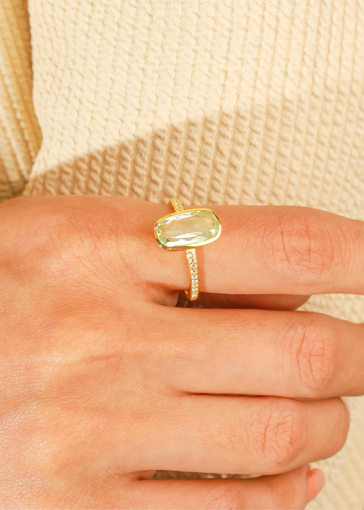 Gold Plated Silver Green Amethyst Verdant Halo Pave Ring