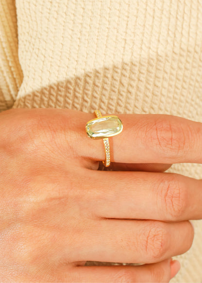 Gold Plated Silver Green Amethyst Verdant Halo Pave Ring