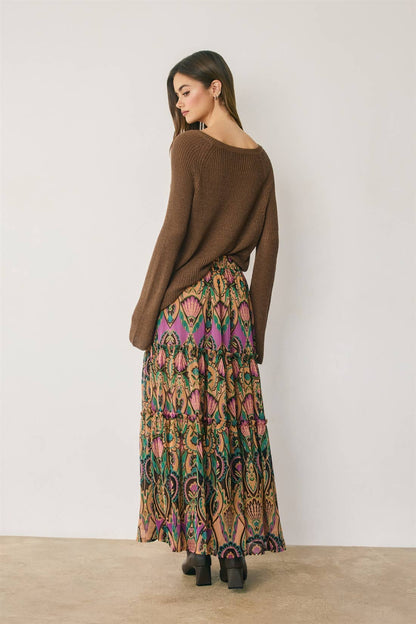 Boho Print Tiered Maxi Skirt