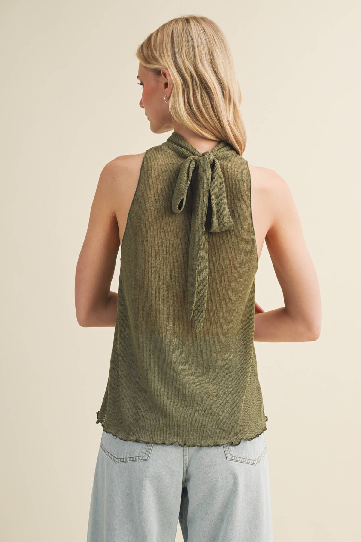 Tie-Back Mock Neck Ribbed Knit Top