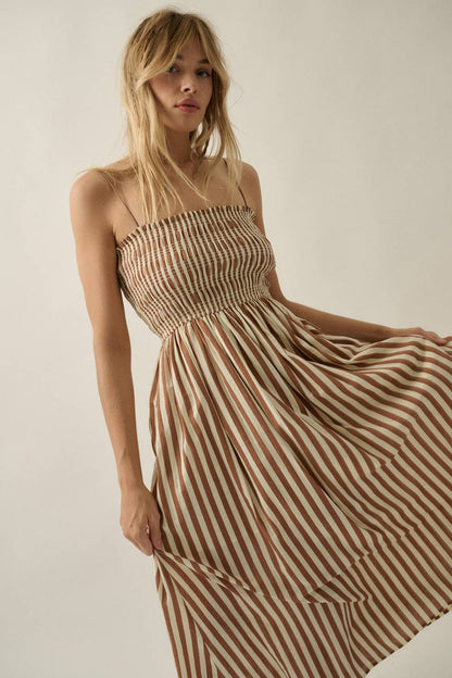 Striped Cotton-Blend Smocked Pocket Midi Dress