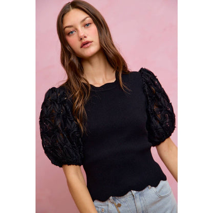 3D FLORAL CONTRAST SLEEVE SCALLOP SWEATER KNIT TOP