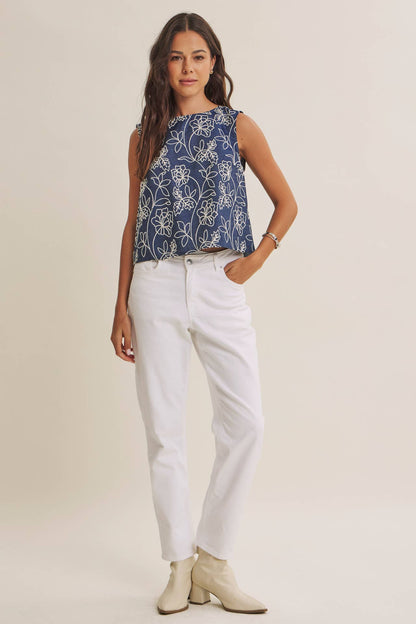 COASTAL DAY CHAMBRAY EMBROIDERED BLOUSE WITH BACK BOW