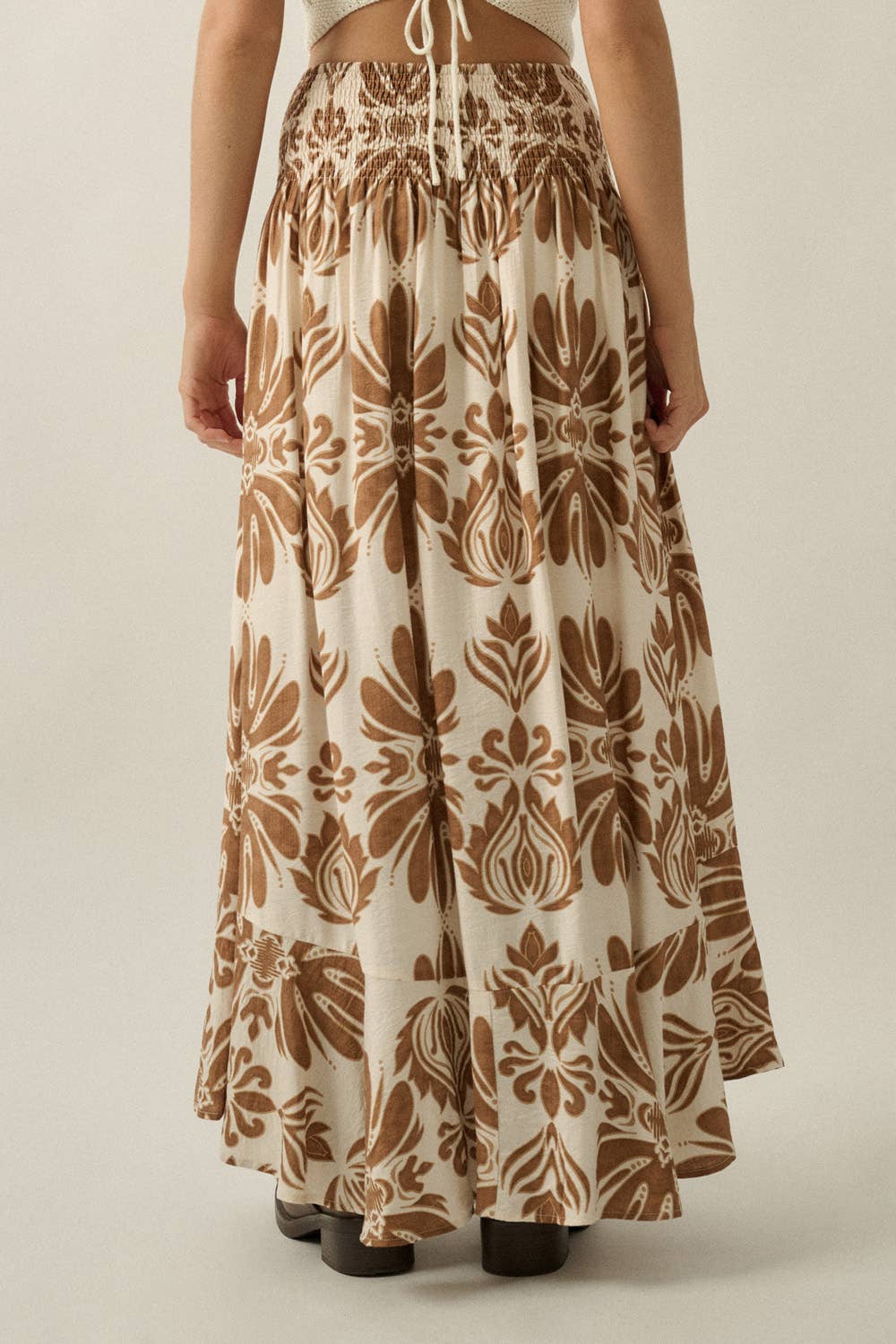 Ornate Floral-Print Button-Front Drawstring Maxi Skirt