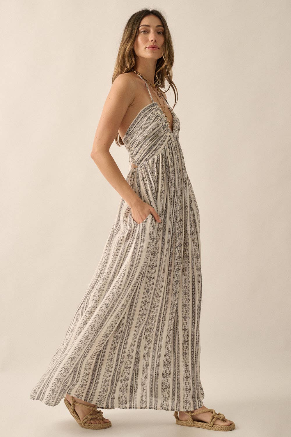 Aztec-Stripe Plunging Halter Maxi Dress