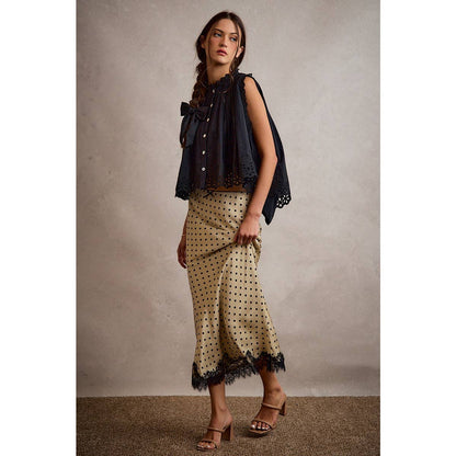 POLKA DOT SATIN LACE TRIM MAXI SKIRT