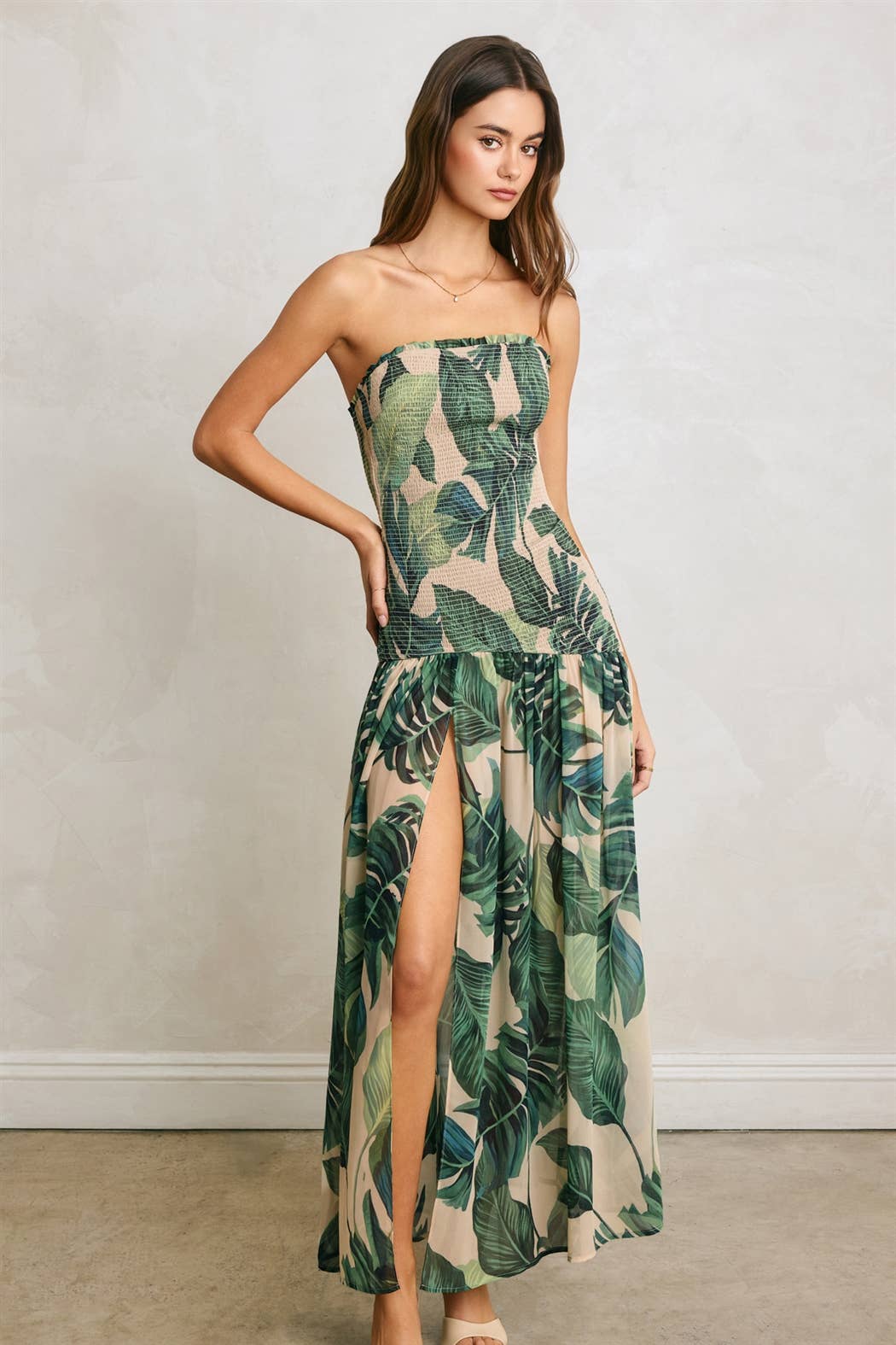Hidden Oasis Strapless Drop Waist Smocked Dress RESORT PALM / small