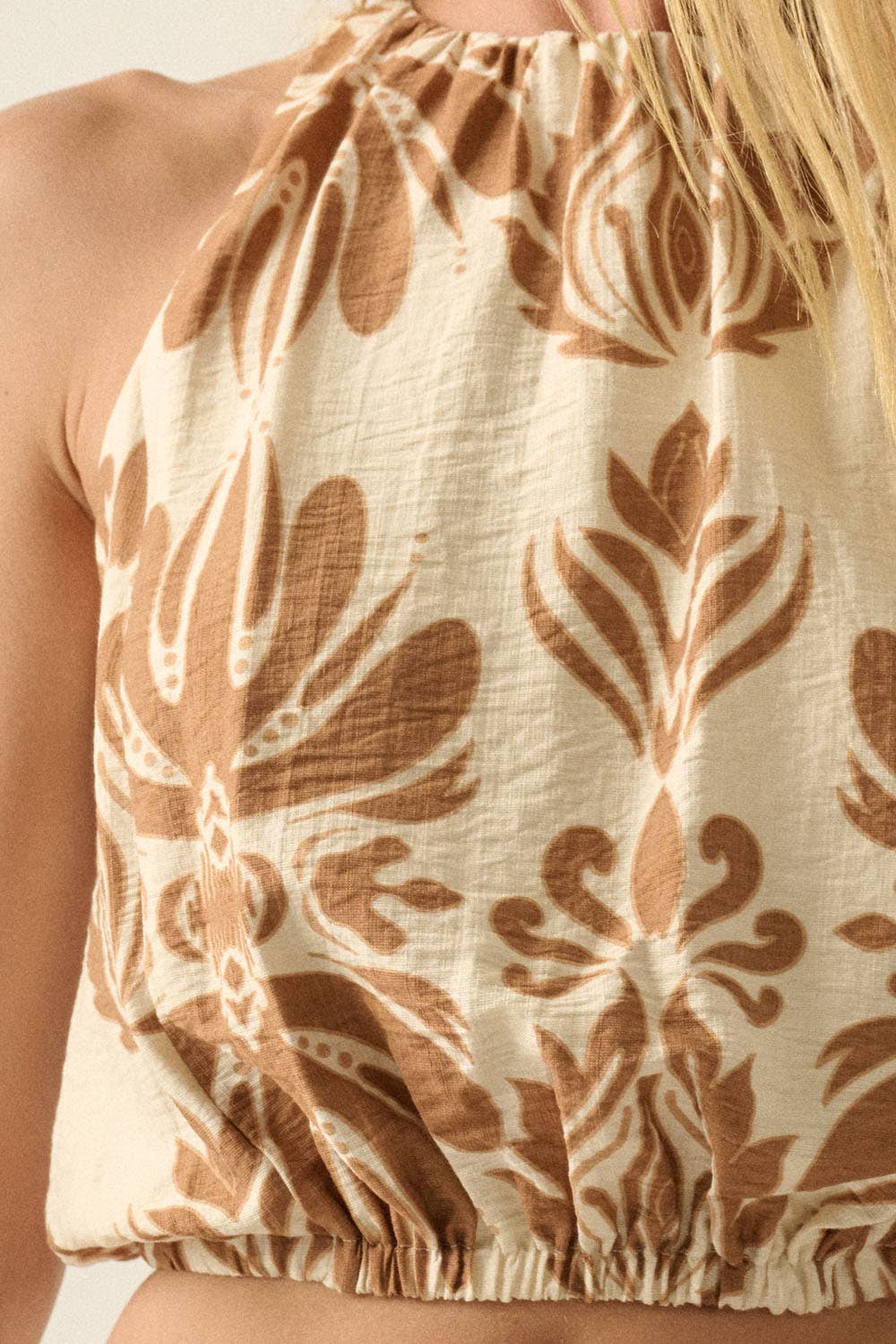 Abstract Floral-Print Gathered Sleeveless Cropped Halter Top