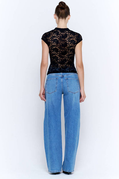 Lace Mandarin Collar Frog Closure Cap Sleeve Crop Top