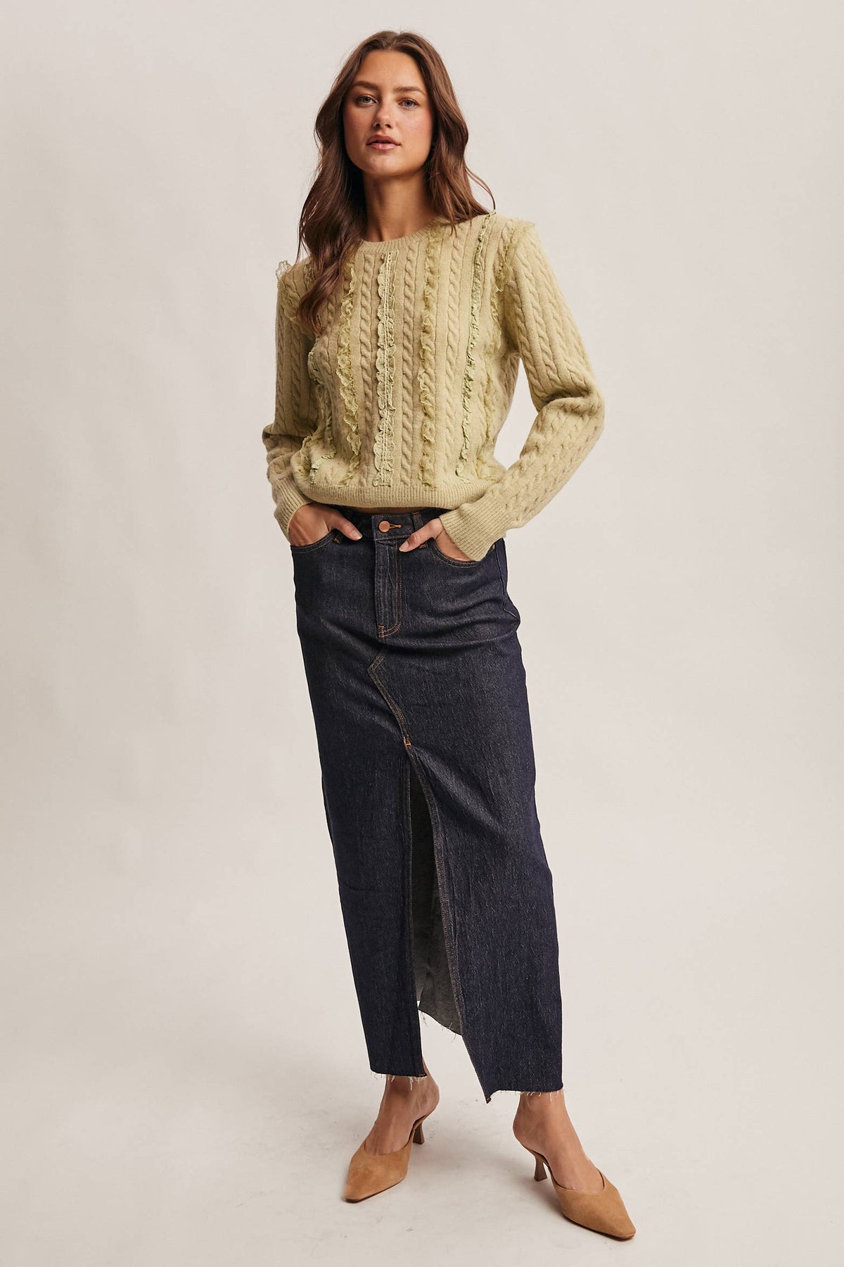 Lace Trim Cable Knit Pullover
