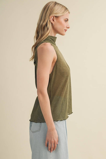 Tie-Back Mock Neck Ribbed Knit Top