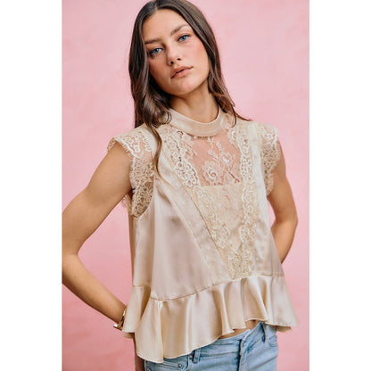 SATIN MOCK NECK LACE TRIM PEPLUM BLOUSE TOP