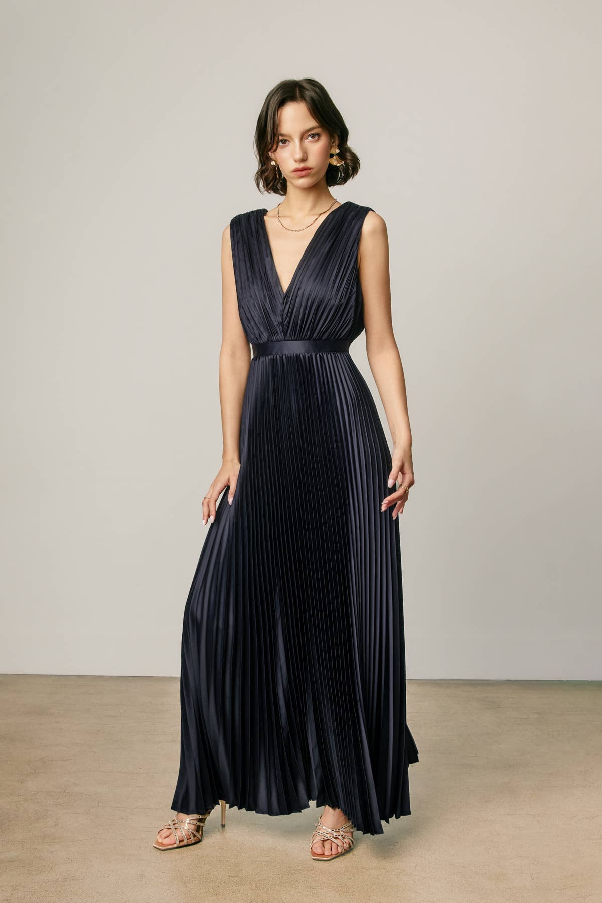 Pleated Satin V Neck Maxi Dress