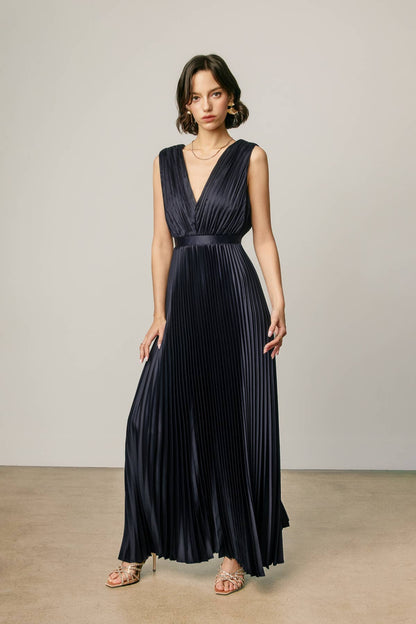 Pleated Satin V Neck Maxi Dress