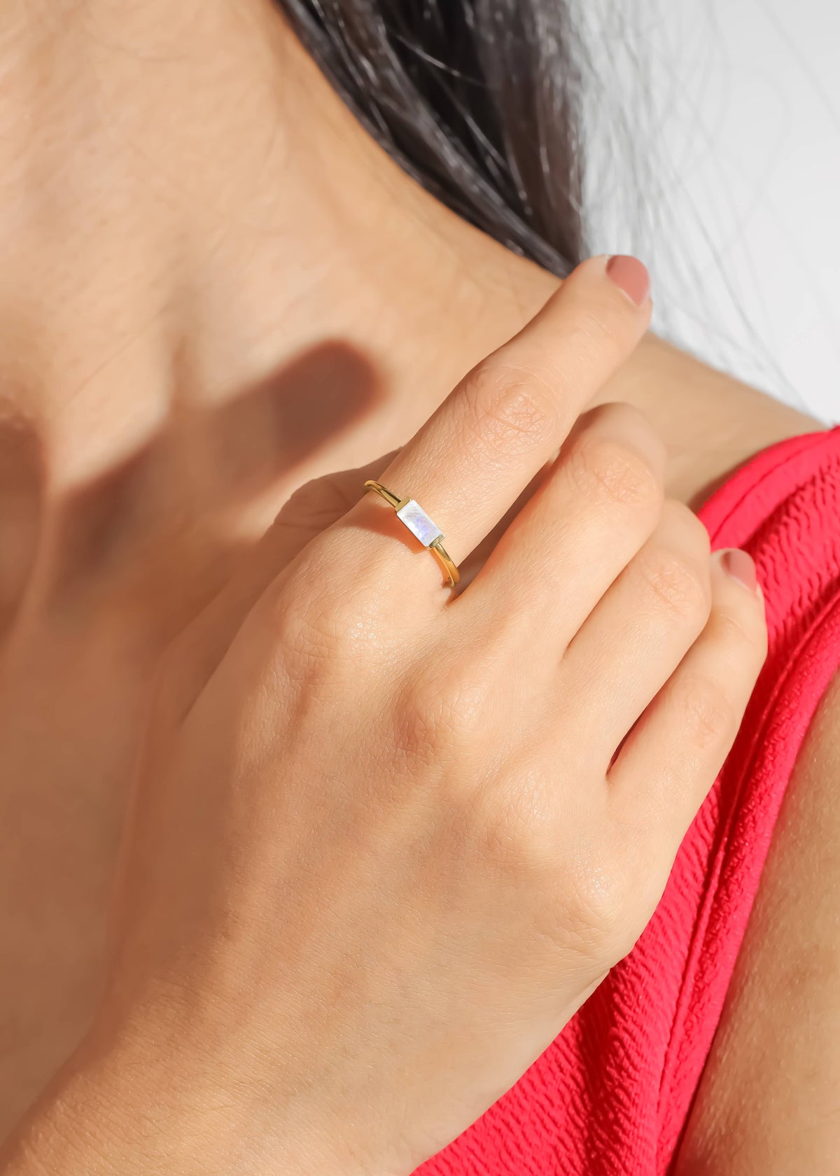 Gold Plated Baguette-Cut Moonstone Stacking Band Ring