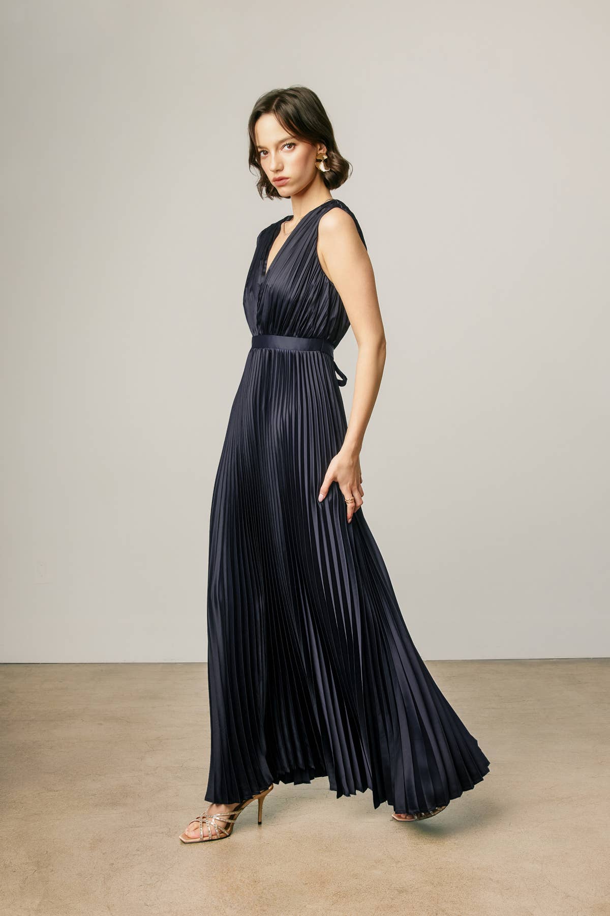 Pleated Satin V Neck Maxi Dress