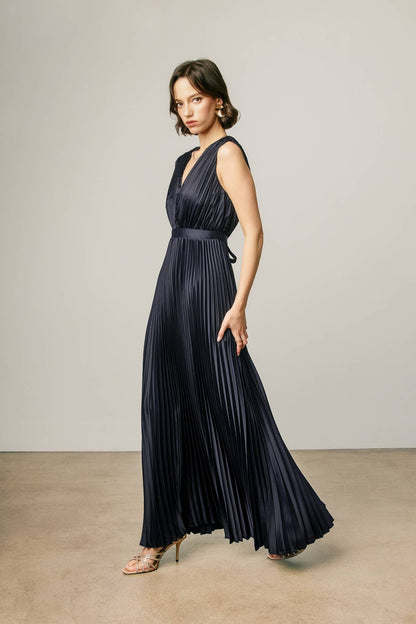 Pleated Satin V Neck Maxi Dress