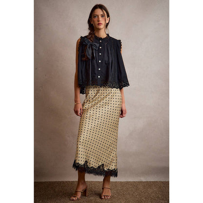 POLKA DOT SATIN LACE TRIM MAXI SKIRT