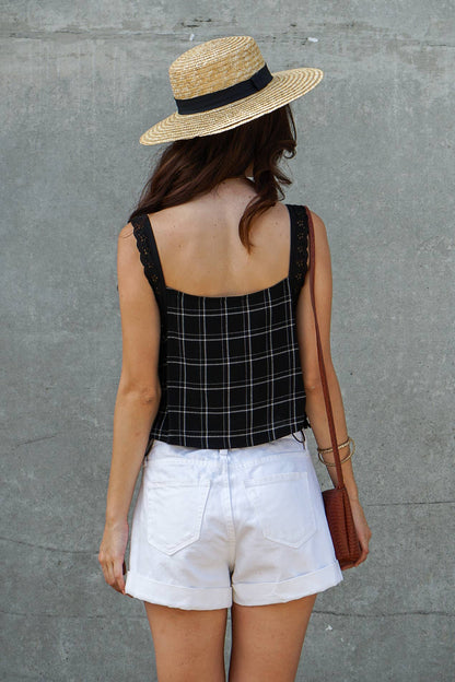 Plaid Lace Trim Side-Tie Crop Top