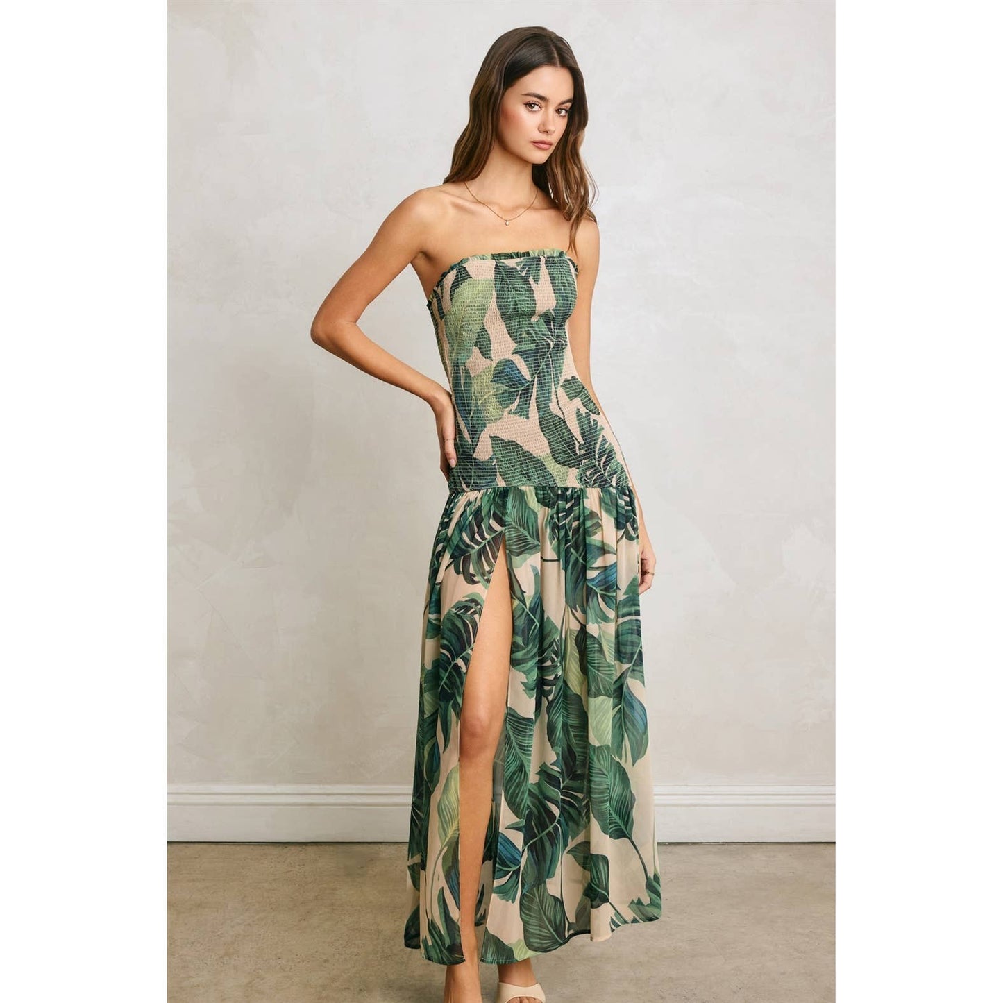 Hidden Oasis Strapless Drop Waist Smocked Dress