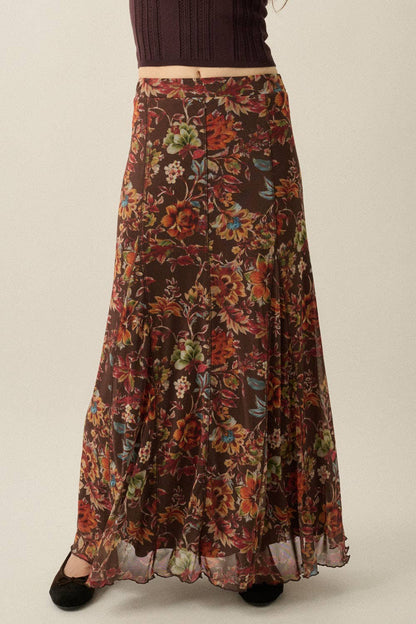 Floral-Print Mesh Godet-Pleat Elastic-Waist Maxi Skirt