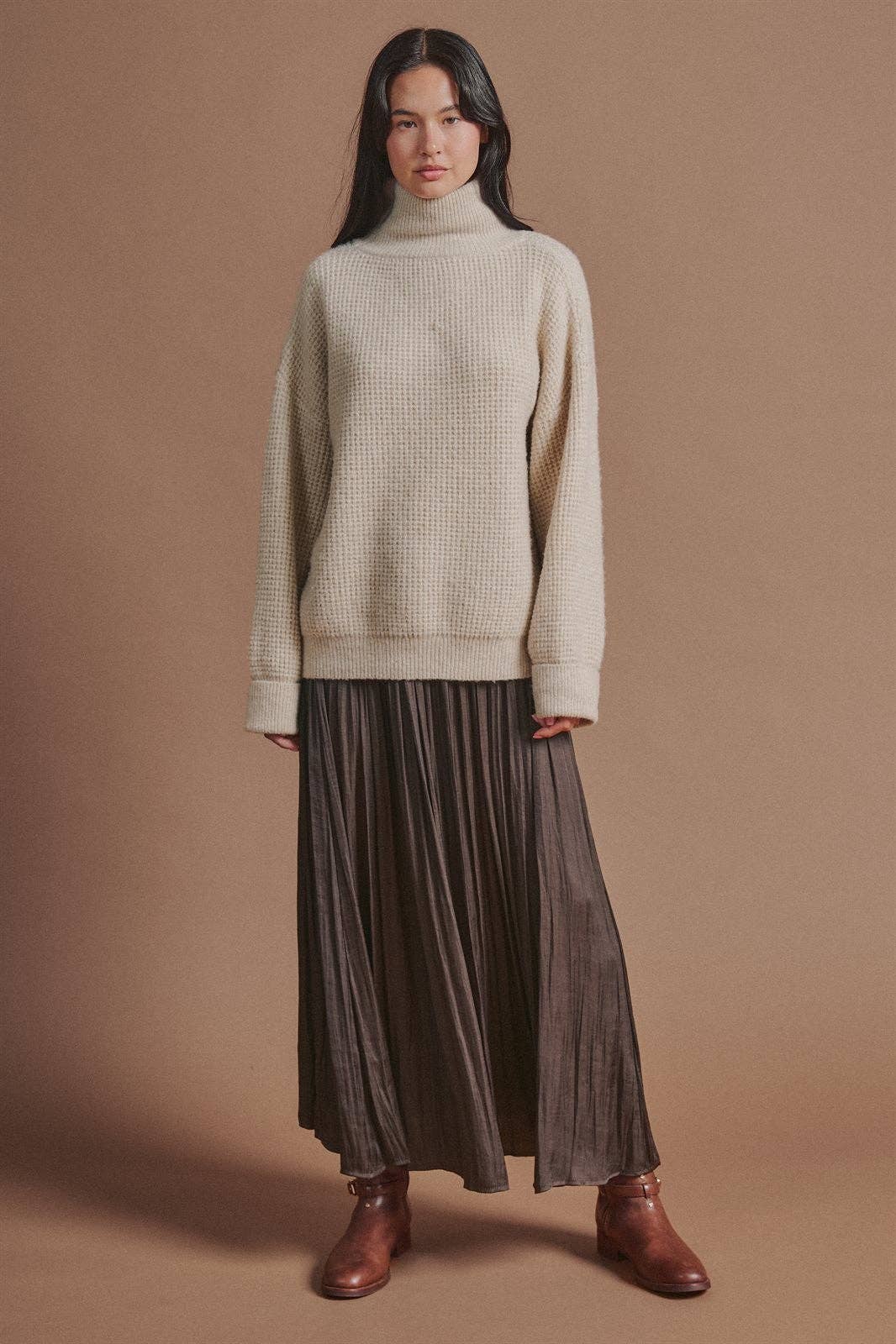 Washed Satin Crinkle Pleated Maxi Skirt