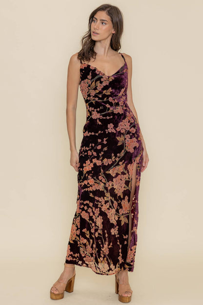 COWL NECKLINE VELVET FLORAL MAXI DRESS