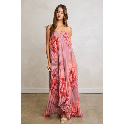 Floral Strapless Pleated Maxi Column Dress