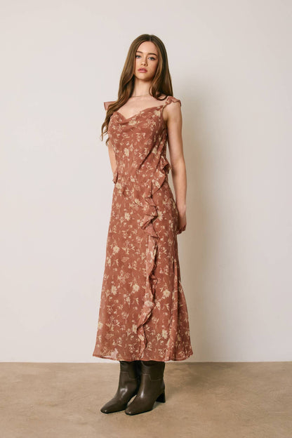 Floral Cowl Neck Ruffled Midi Dress