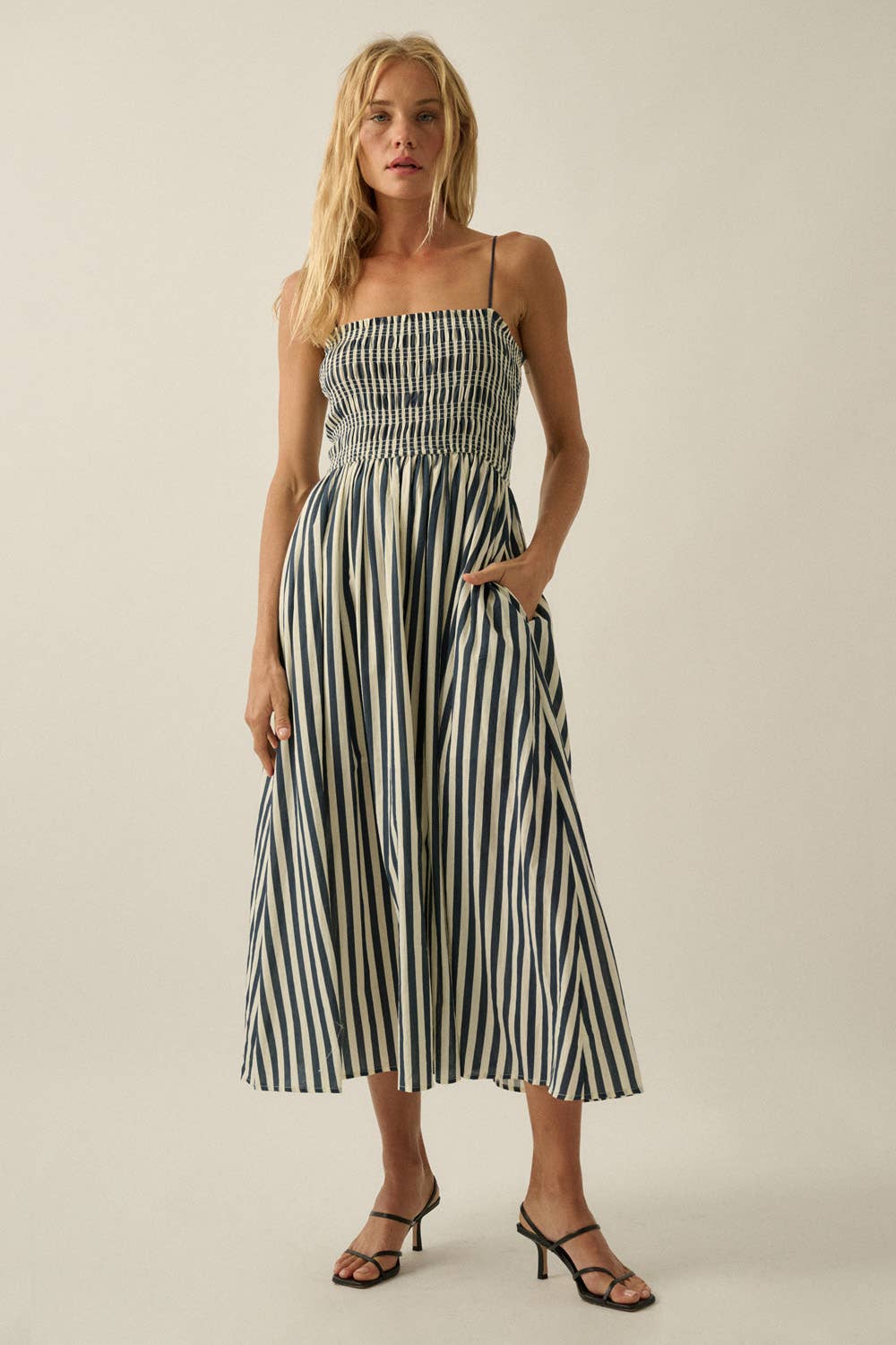 Striped Cotton-Blend Smocked Pocket Midi Dress