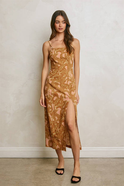 Sunwashed Palm Front Slit Midi Dress