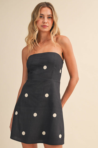 POLKADOT LINEN STRAPLESS A-LINE MINI DRESS