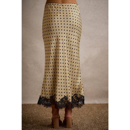 POLKA DOT SATIN LACE TRIM MAXI SKIRT