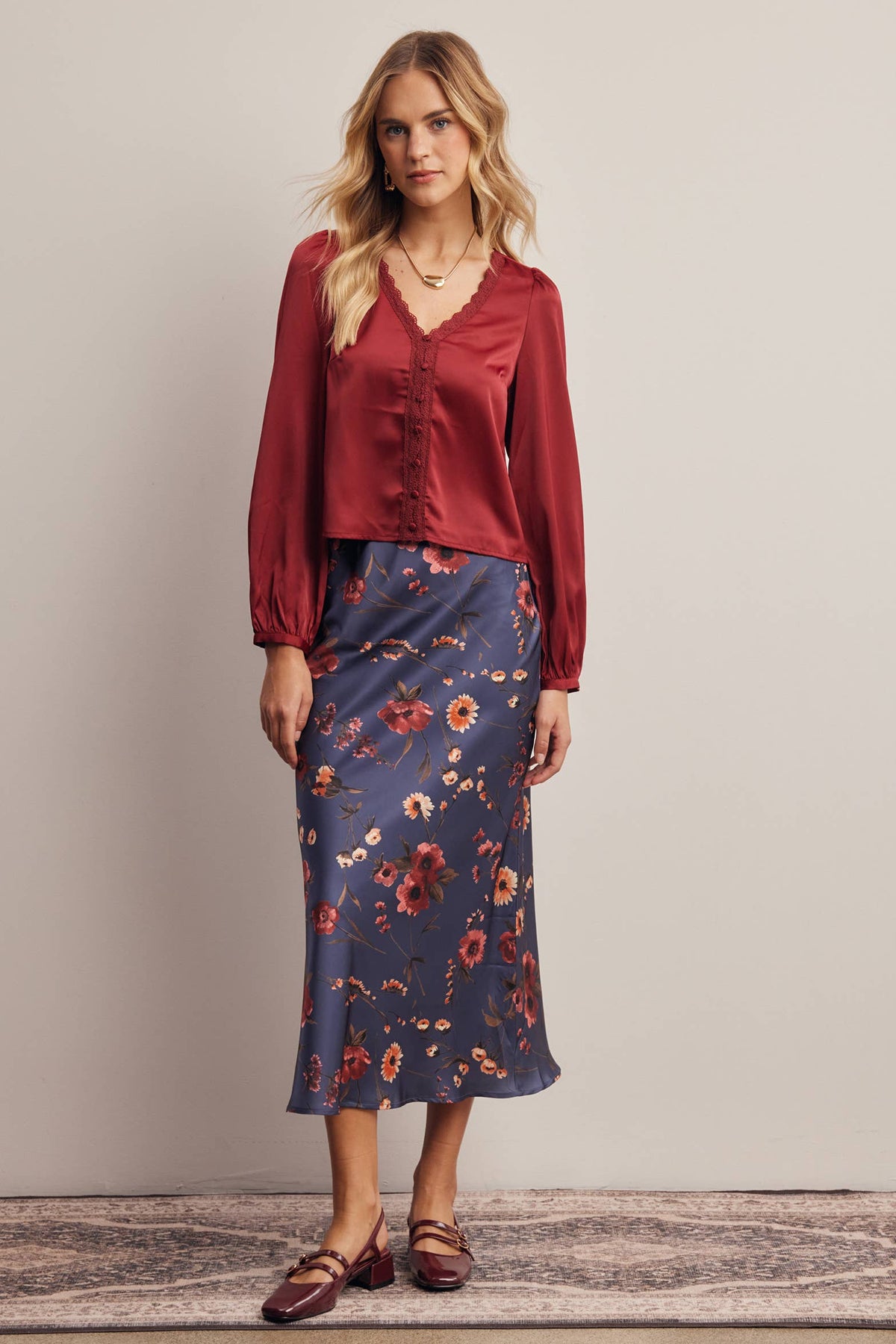 Floral Satin Midi Skirt